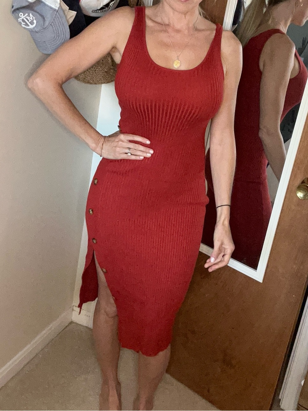 Hippie Rose Red Ribbed Tank Midi Dress with Side Buttons